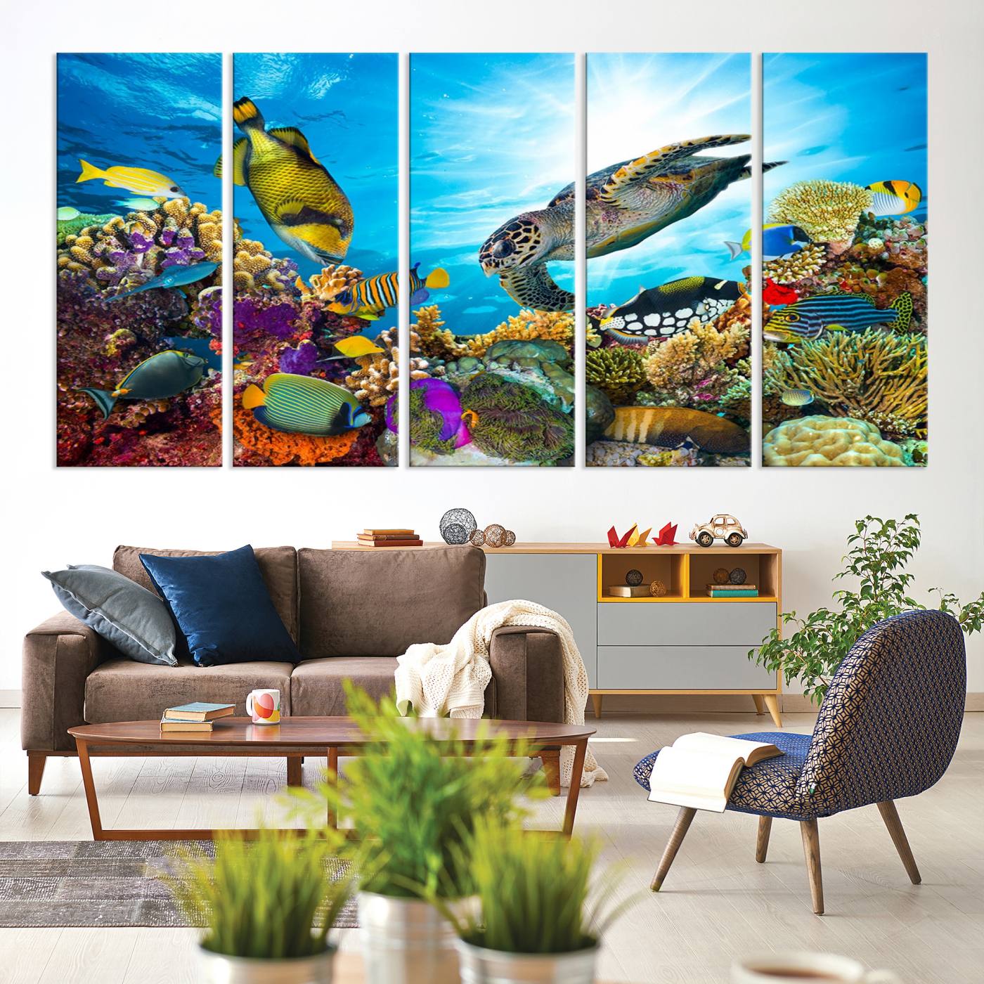 15252-MGV-CV-60X31-5P-Aquatic Life Sea Turtles Fish Wall Art Canvas Print