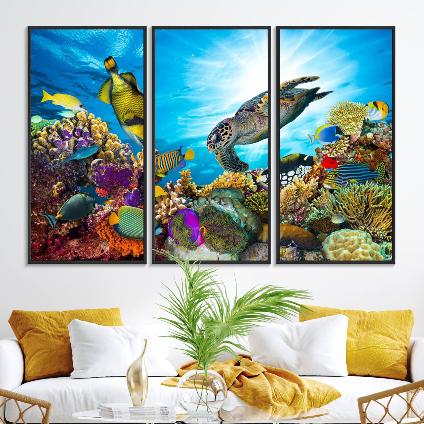 15252-MGV-FC-48X32-3P_Black-Aquatic Life Sea Turtles Fish Wall Art Canvas Print