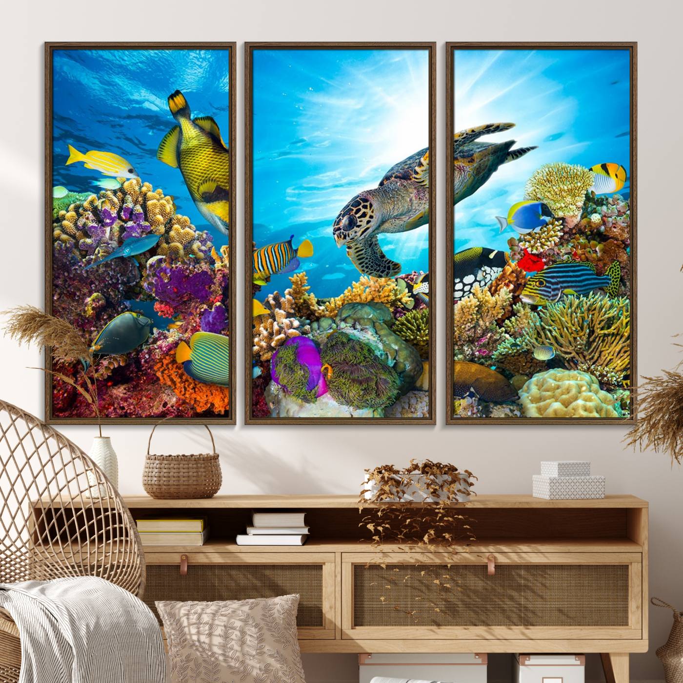 15252-MGV-FC-48X32-3P_Walnut-Aquatic Life Sea Turtles Fish Wall Art Canvas Print