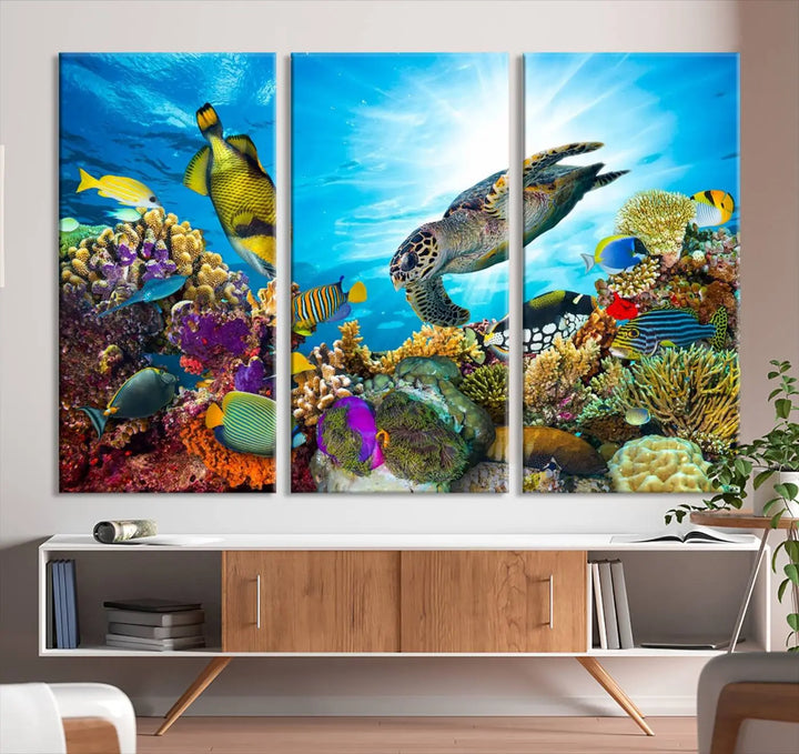 The Aquatic Life Sea Turtles Fish Wall Art Canvas Print is a triptych of vibrant underwater scenes featuring a sea turtle, various fish, and colorful coral. Crafted on museum-quality canvas, this handcrafted masterpiece brings the ocean to life in any space.