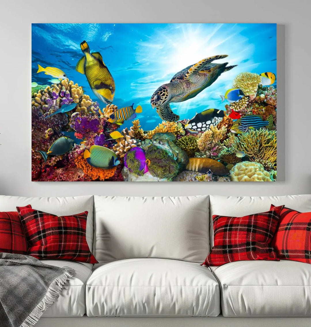 The Aquatic Life Sea Turtles Fish Wall Art Canvas Print is a triptych of vibrant underwater scenes featuring a sea turtle, various fish, and colorful coral. Crafted on museum-quality canvas, this handcrafted masterpiece brings the ocean to life in any space.