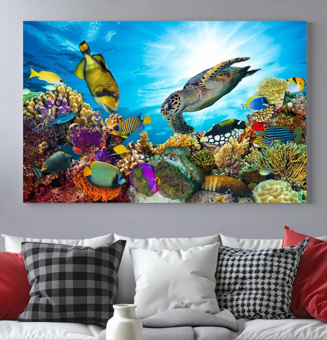 The Aquatic Life Sea Turtles Fish Wall Art Canvas Print is a triptych of vibrant underwater scenes featuring a sea turtle, various fish, and colorful coral. Crafted on museum-quality canvas, this handcrafted masterpiece brings the ocean to life in any space.