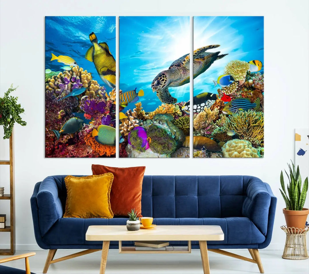 The Aquatic Life Sea Turtles Fish Wall Art Canvas Print is a triptych of vibrant underwater scenes featuring a sea turtle, various fish, and colorful coral. Crafted on museum-quality canvas, this handcrafted masterpiece brings the ocean to life in any space.