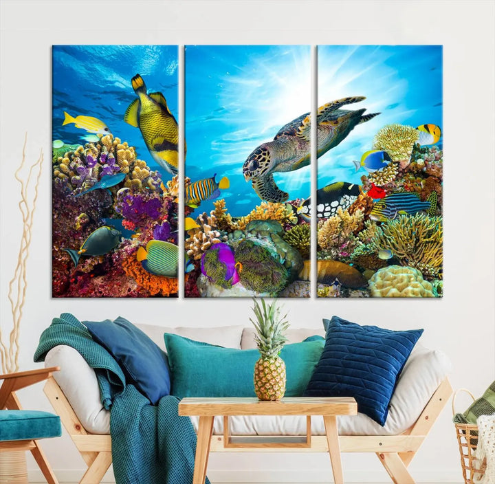 The Aquatic Life Sea Turtles Fish Wall Art Canvas Print is a triptych of vibrant underwater scenes featuring a sea turtle, various fish, and colorful coral. Crafted on museum-quality canvas, this handcrafted masterpiece brings the ocean to life in any space.