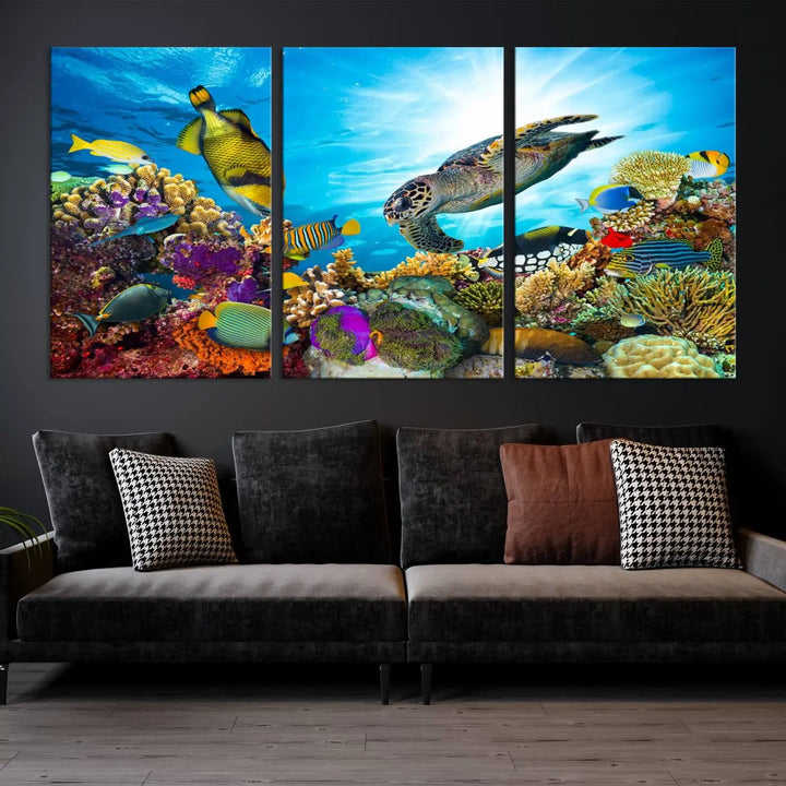 The Aquatic Life Sea Turtles Fish Wall Art Canvas Print is a triptych of vibrant underwater scenes featuring a sea turtle, various fish, and colorful coral. Crafted on museum-quality canvas, this handcrafted masterpiece brings the ocean to life in any space.