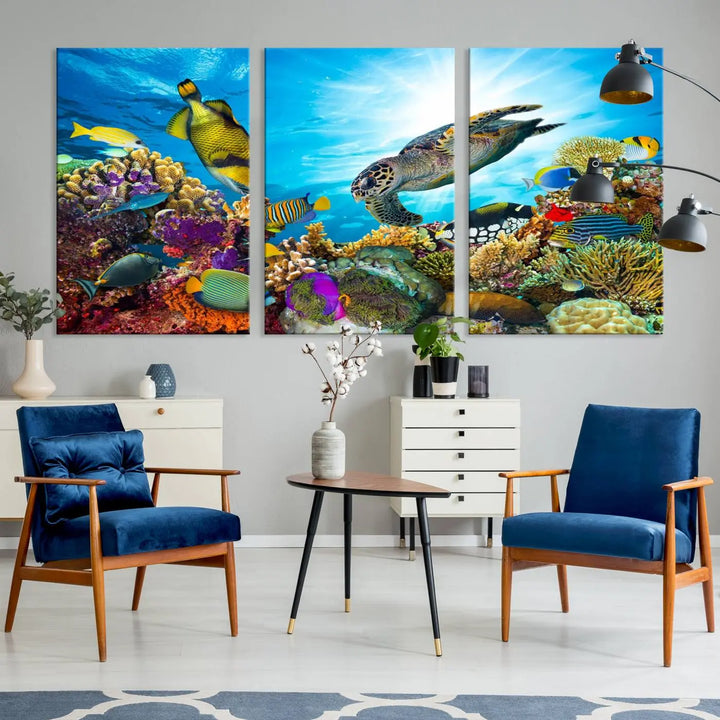 The Aquatic Life Sea Turtles Fish Wall Art Canvas Print is a triptych of vibrant underwater scenes featuring a sea turtle, various fish, and colorful coral. Crafted on museum-quality canvas, this handcrafted masterpiece brings the ocean to life in any space.