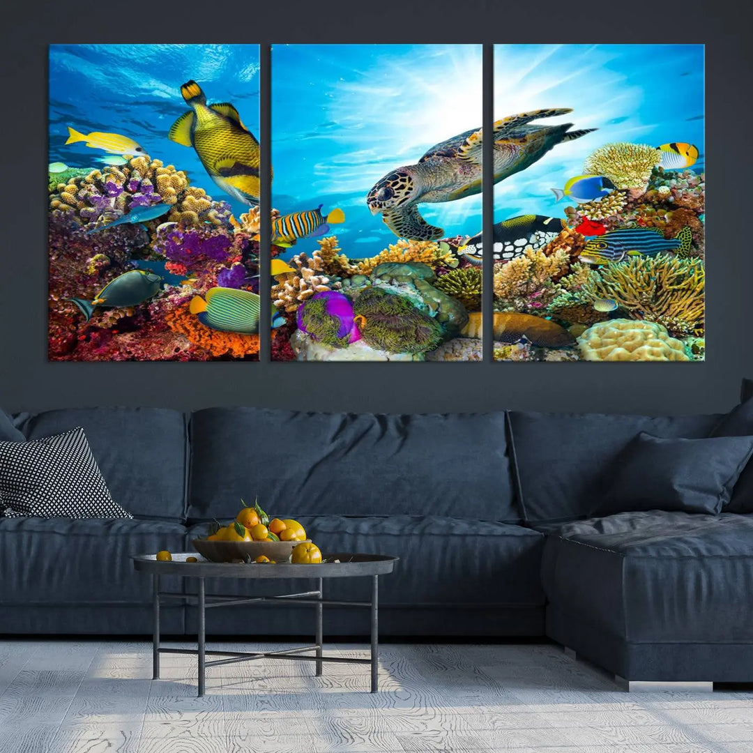 The Aquatic Life Sea Turtles Fish Wall Art Canvas Print is a triptych of vibrant underwater scenes featuring a sea turtle, various fish, and colorful coral. Crafted on museum-quality canvas, this handcrafted masterpiece brings the ocean to life in any space.