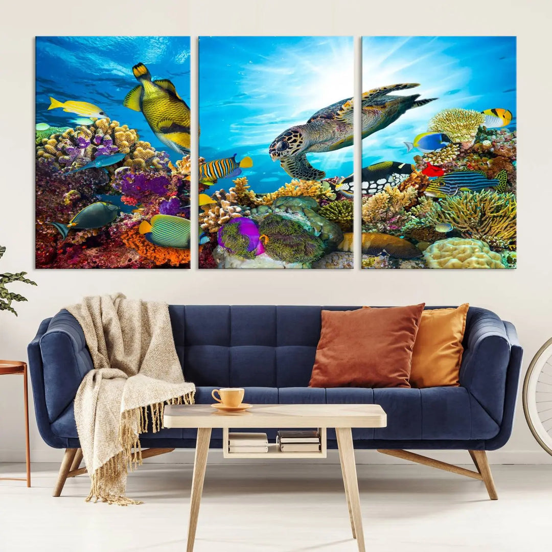 The Aquatic Life Sea Turtles Fish Wall Art Canvas Print is a triptych of vibrant underwater scenes featuring a sea turtle, various fish, and colorful coral. Crafted on museum-quality canvas, this handcrafted masterpiece brings the ocean to life in any space.