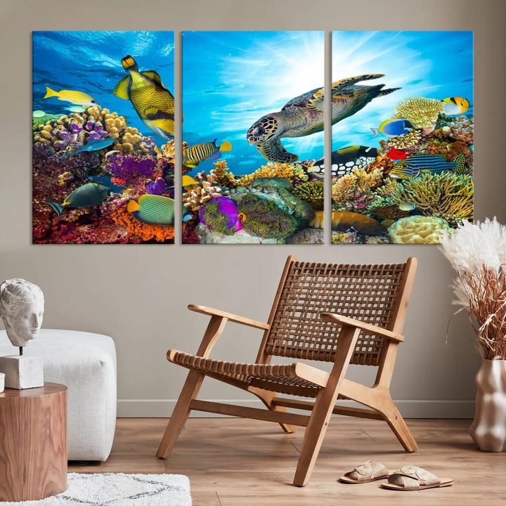 The Aquatic Life Sea Turtles Fish Wall Art Canvas Print is a triptych of vibrant underwater scenes featuring a sea turtle, various fish, and colorful coral. Crafted on museum-quality canvas, this handcrafted masterpiece brings the ocean to life in any space.