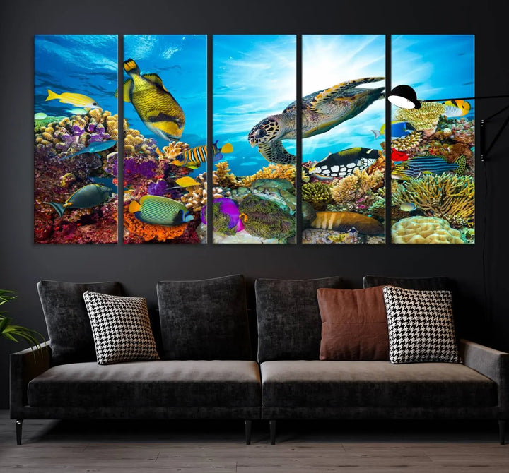 The Aquatic Life Sea Turtles Fish Wall Art Canvas Print is a triptych of vibrant underwater scenes featuring a sea turtle, various fish, and colorful coral. Crafted on museum-quality canvas, this handcrafted masterpiece brings the ocean to life in any space.