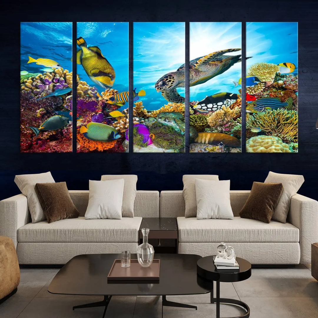 The Aquatic Life Sea Turtles Fish Wall Art Canvas Print is a triptych of vibrant underwater scenes featuring a sea turtle, various fish, and colorful coral. Crafted on museum-quality canvas, this handcrafted masterpiece brings the ocean to life in any space.