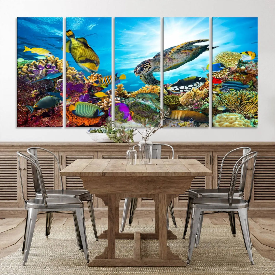 The Aquatic Life Sea Turtles Fish Wall Art Canvas Print is a triptych of vibrant underwater scenes featuring a sea turtle, various fish, and colorful coral. Crafted on museum-quality canvas, this handcrafted masterpiece brings the ocean to life in any space.