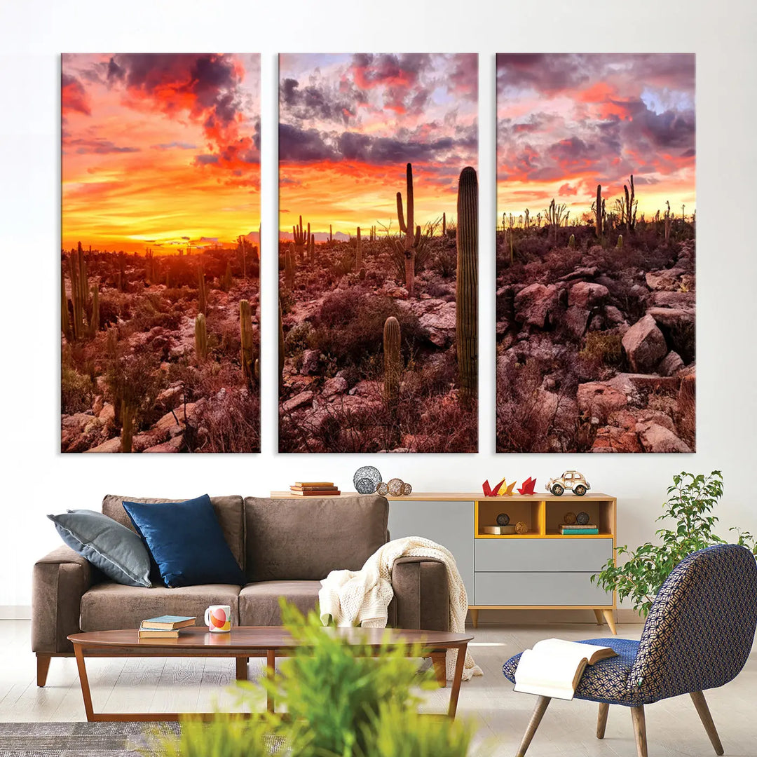 An exquisite triptych featuring the Arizona Desert at sunset enhances the modern living room. The museum-quality canvas of the Western Cowboy Wall Art Print guarantees enduring beauty, while its ready-to-hang design offers an easy and sophisticated touch to any space.