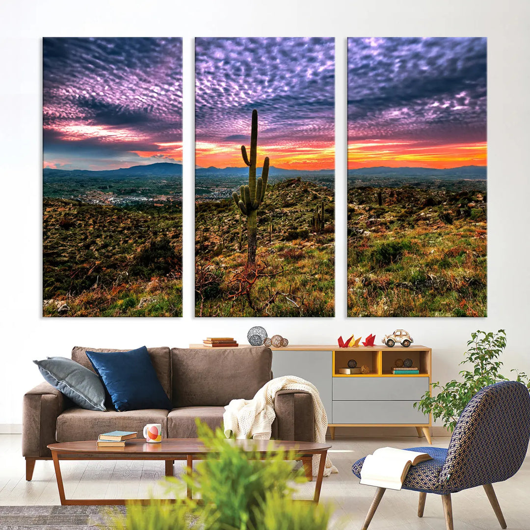 Immerse yourself in the charm of an Arizona desert sunset with this Phoenix Wall Art Canvas Print. This landscape painting, printed on museum-quality canvas, showcases a cactus silhouetted against vibrant hues. Enjoy effortless home delivery with free shipping on this stunning masterpiece.