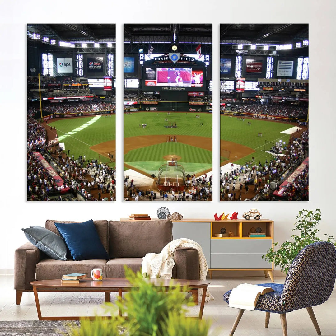 A large wall art triptych featuring the "Arizona Diamondbacks Baseball Team Print - Phoenix Chase Field Baseball Stadium Wall Art Canvas Print" is crafted on museum-quality canvas for an elegant touch.