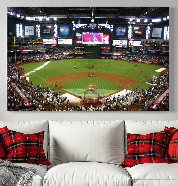 A large wall art triptych featuring the "Arizona Diamondbacks Baseball Team Print - Phoenix Chase Field Baseball Stadium Wall Art Canvas Print" is crafted on museum-quality canvas for an elegant touch.