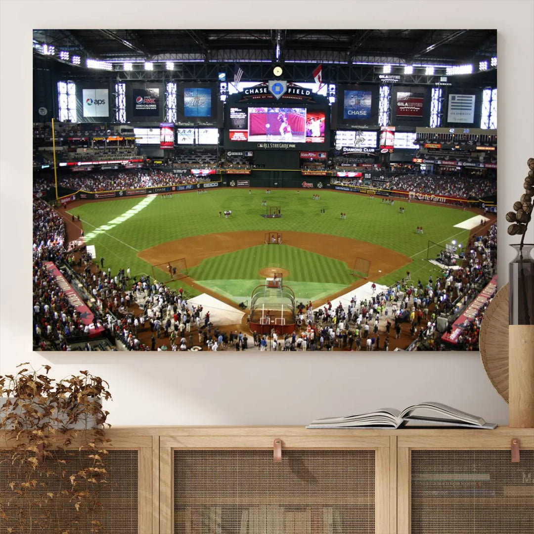 A large wall art triptych featuring the "Arizona Diamondbacks Baseball Team Print - Phoenix Chase Field Baseball Stadium Wall Art Canvas Print" is crafted on museum-quality canvas for an elegant touch.