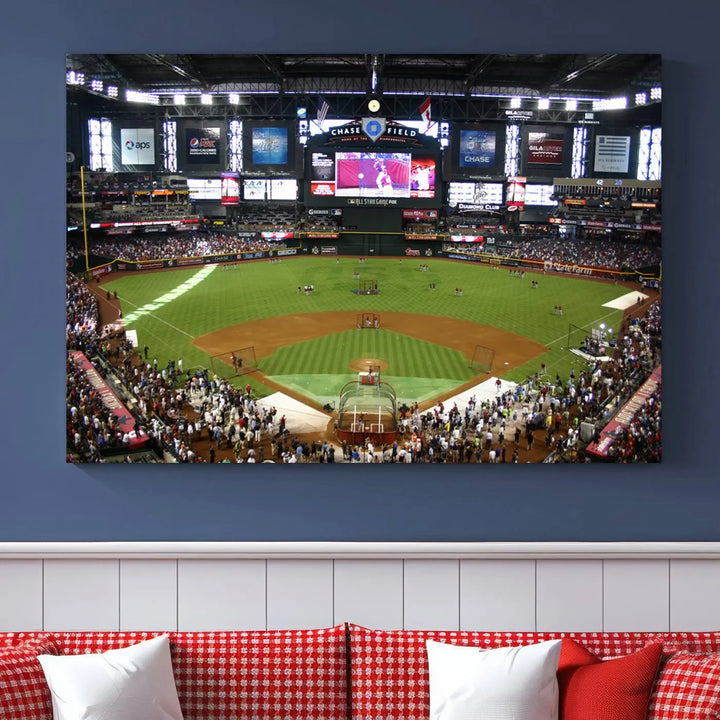 A large wall art triptych featuring the "Arizona Diamondbacks Baseball Team Print - Phoenix Chase Field Baseball Stadium Wall Art Canvas Print" is crafted on museum-quality canvas for an elegant touch.