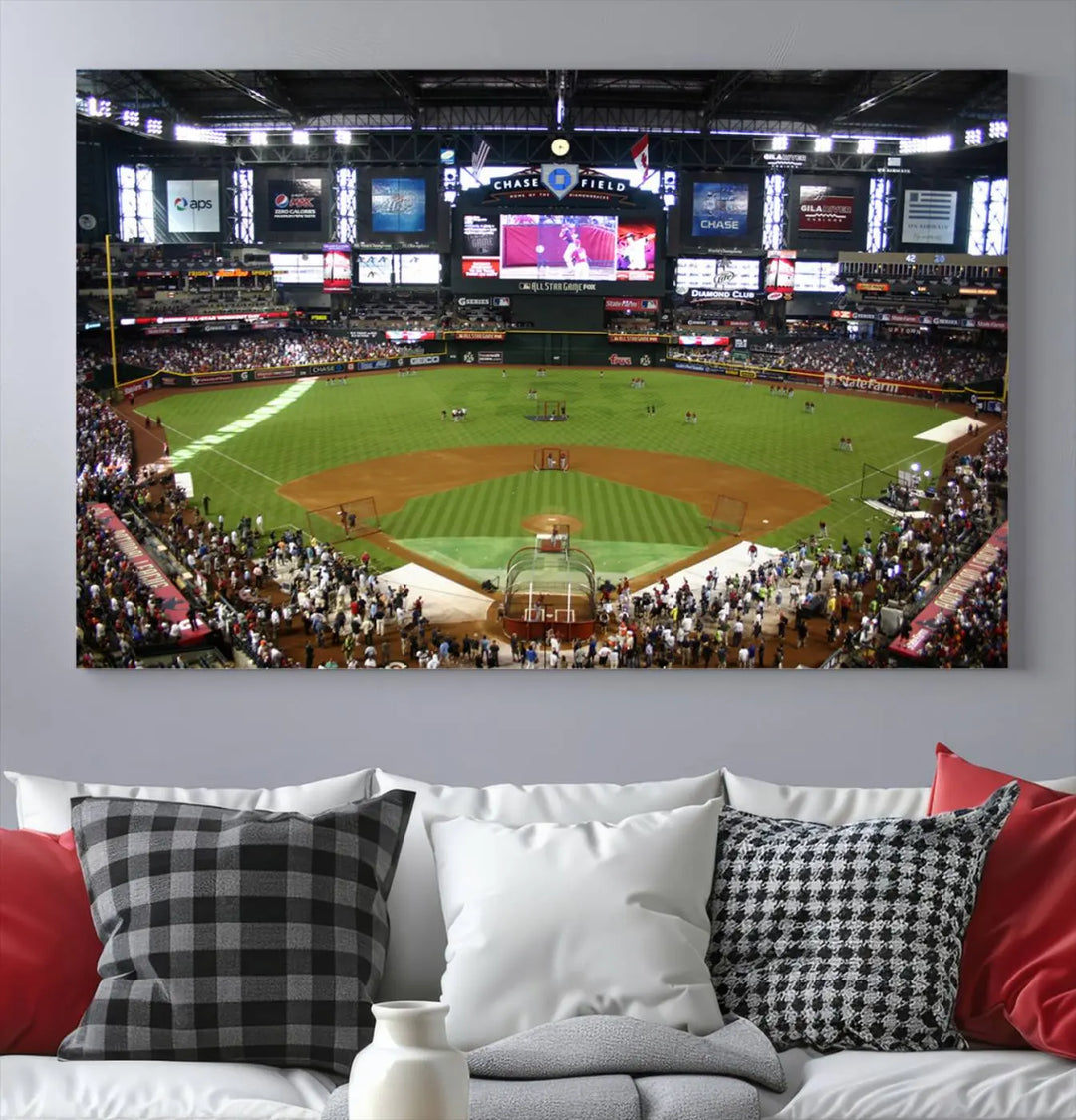 A large wall art triptych featuring the "Arizona Diamondbacks Baseball Team Print - Phoenix Chase Field Baseball Stadium Wall Art Canvas Print" is crafted on museum-quality canvas for an elegant touch.