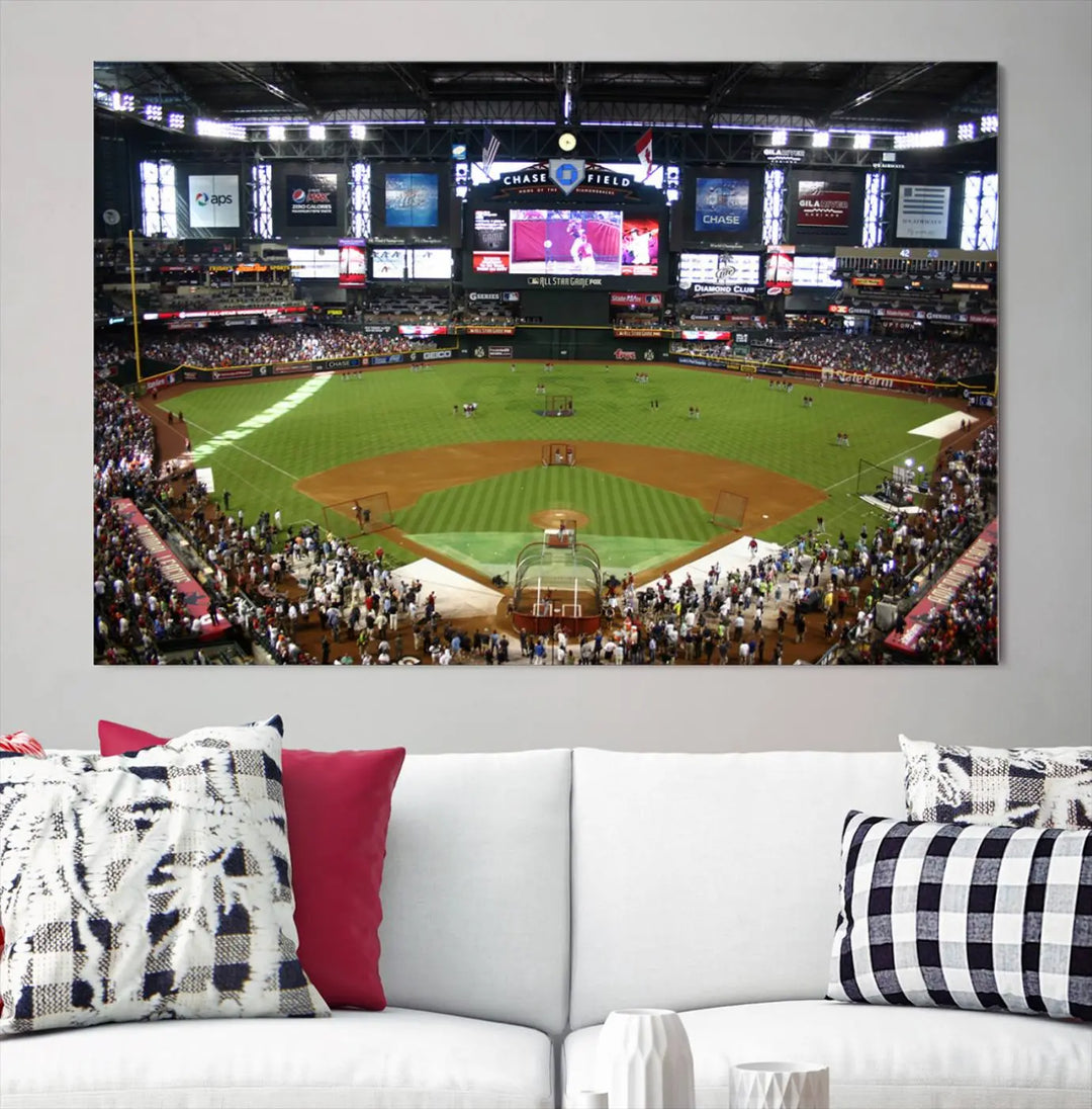 A large wall art triptych featuring the "Arizona Diamondbacks Baseball Team Print - Phoenix Chase Field Baseball Stadium Wall Art Canvas Print" is crafted on museum-quality canvas for an elegant touch.