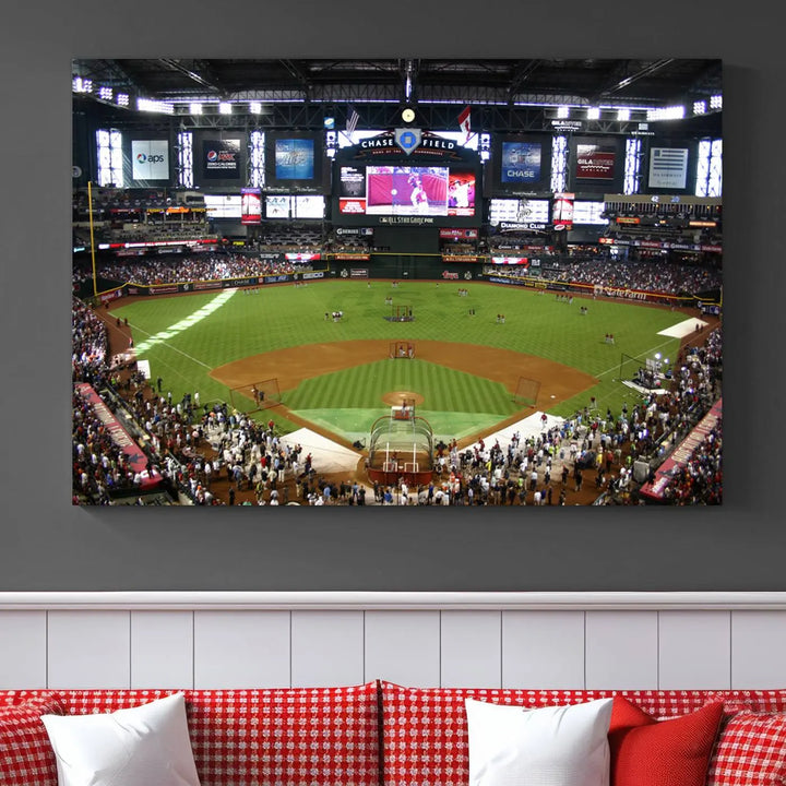 A large wall art triptych featuring the "Arizona Diamondbacks Baseball Team Print - Phoenix Chase Field Baseball Stadium Wall Art Canvas Print" is crafted on museum-quality canvas for an elegant touch.