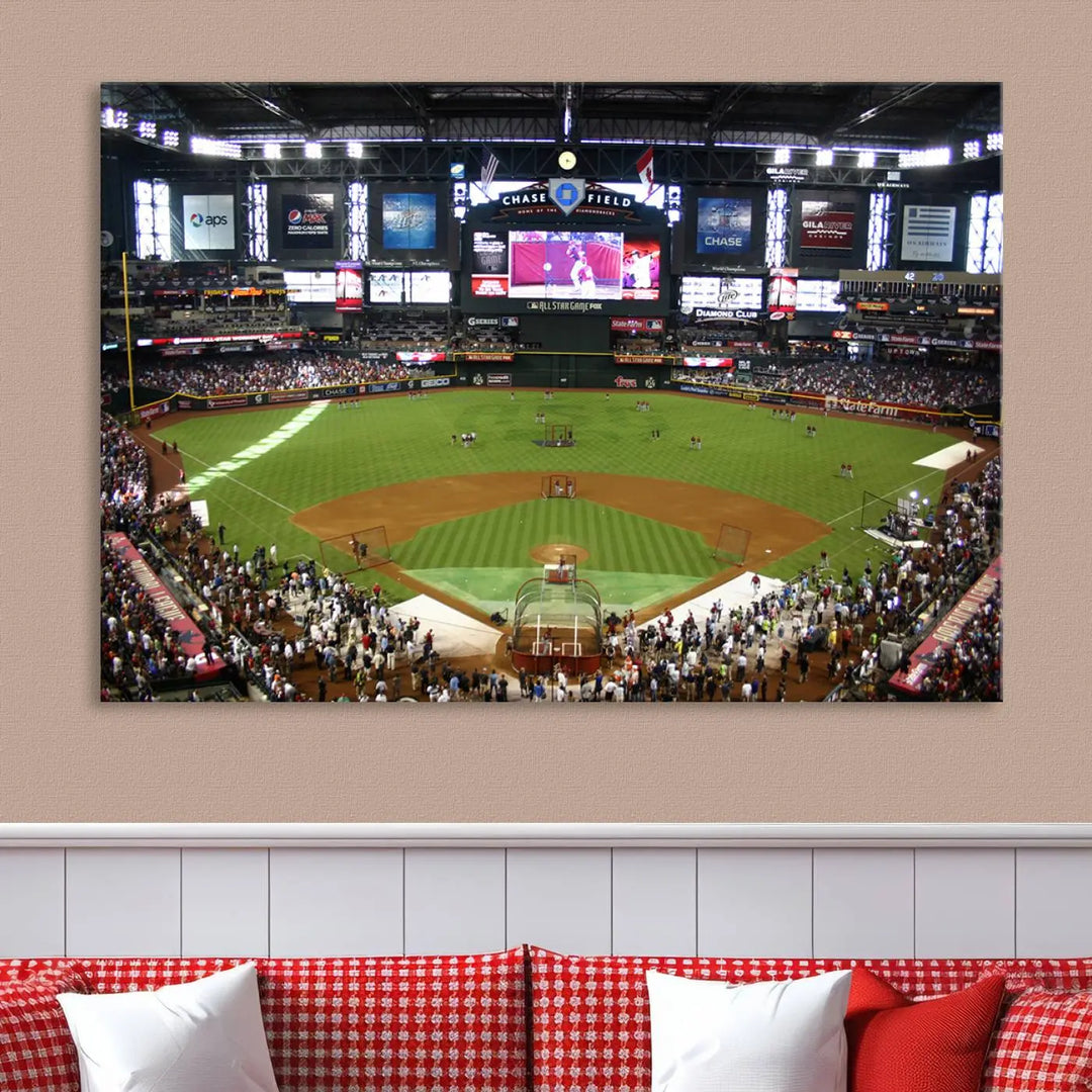 A large wall art triptych featuring the "Arizona Diamondbacks Baseball Team Print - Phoenix Chase Field Baseball Stadium Wall Art Canvas Print" is crafted on museum-quality canvas for an elegant touch.