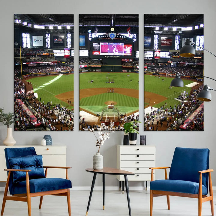 A large wall art triptych featuring the "Arizona Diamondbacks Baseball Team Print - Phoenix Chase Field Baseball Stadium Wall Art Canvas Print" is crafted on museum-quality canvas for an elegant touch.