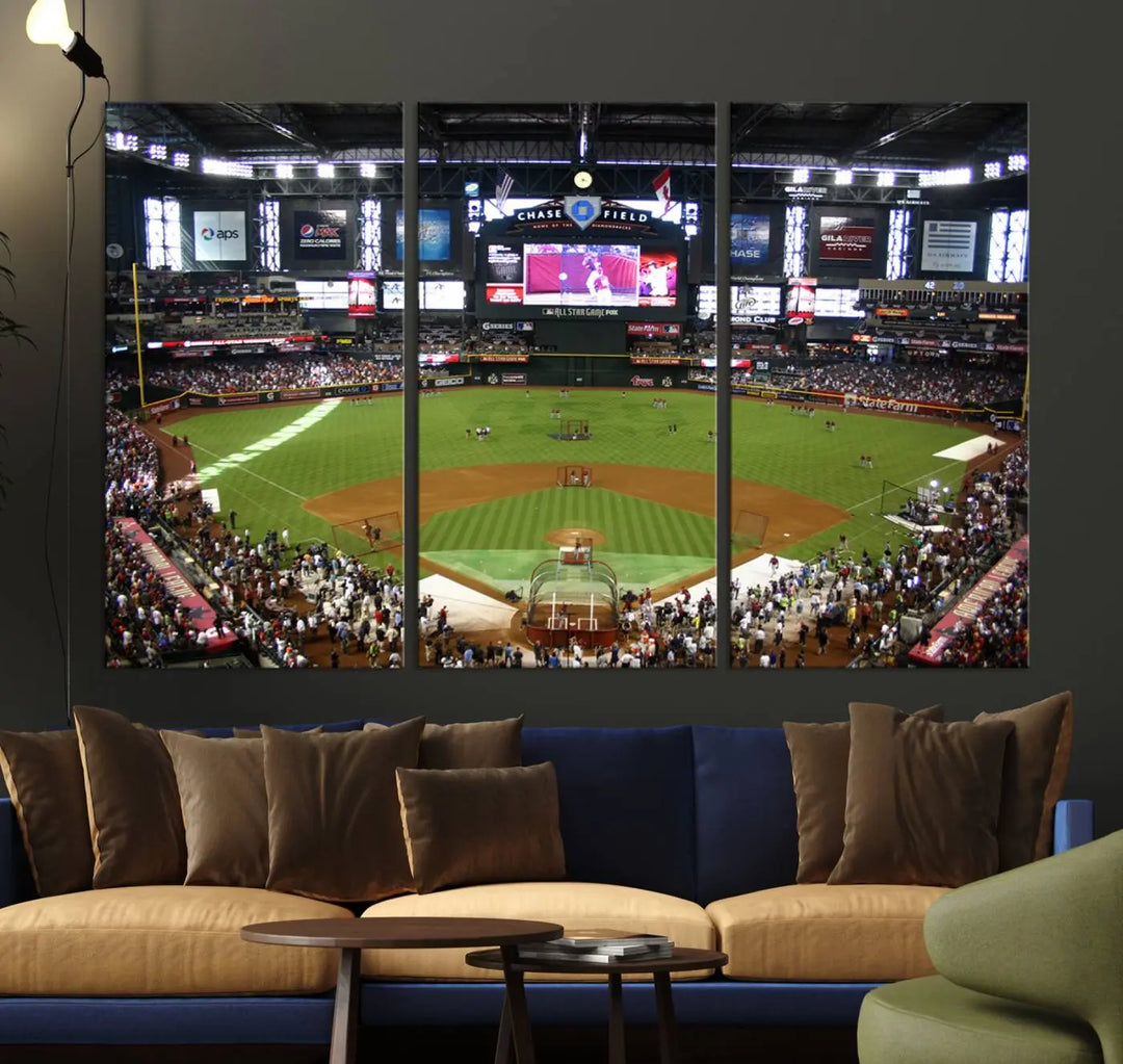 A large wall art triptych featuring the "Arizona Diamondbacks Baseball Team Print - Phoenix Chase Field Baseball Stadium Wall Art Canvas Print" is crafted on museum-quality canvas for an elegant touch.