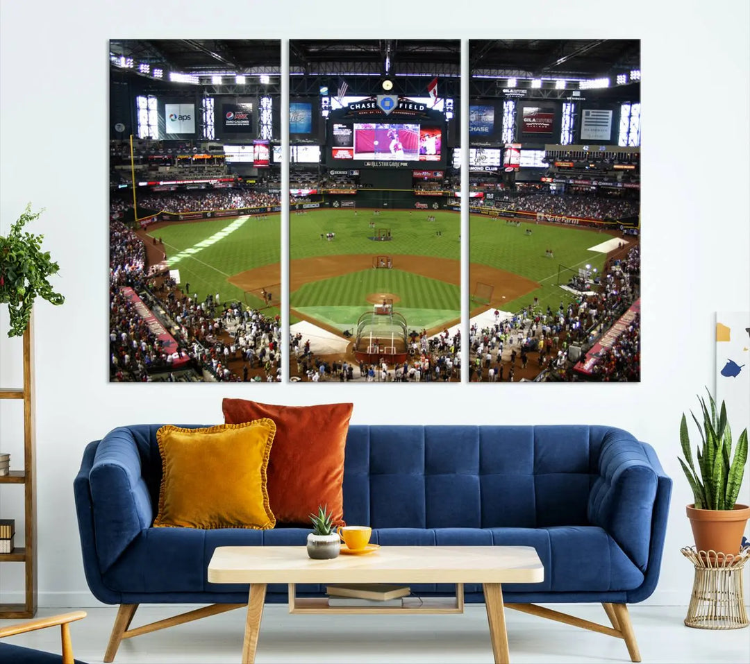 A large wall art triptych featuring the "Arizona Diamondbacks Baseball Team Print - Phoenix Chase Field Baseball Stadium Wall Art Canvas Print" is crafted on museum-quality canvas for an elegant touch.