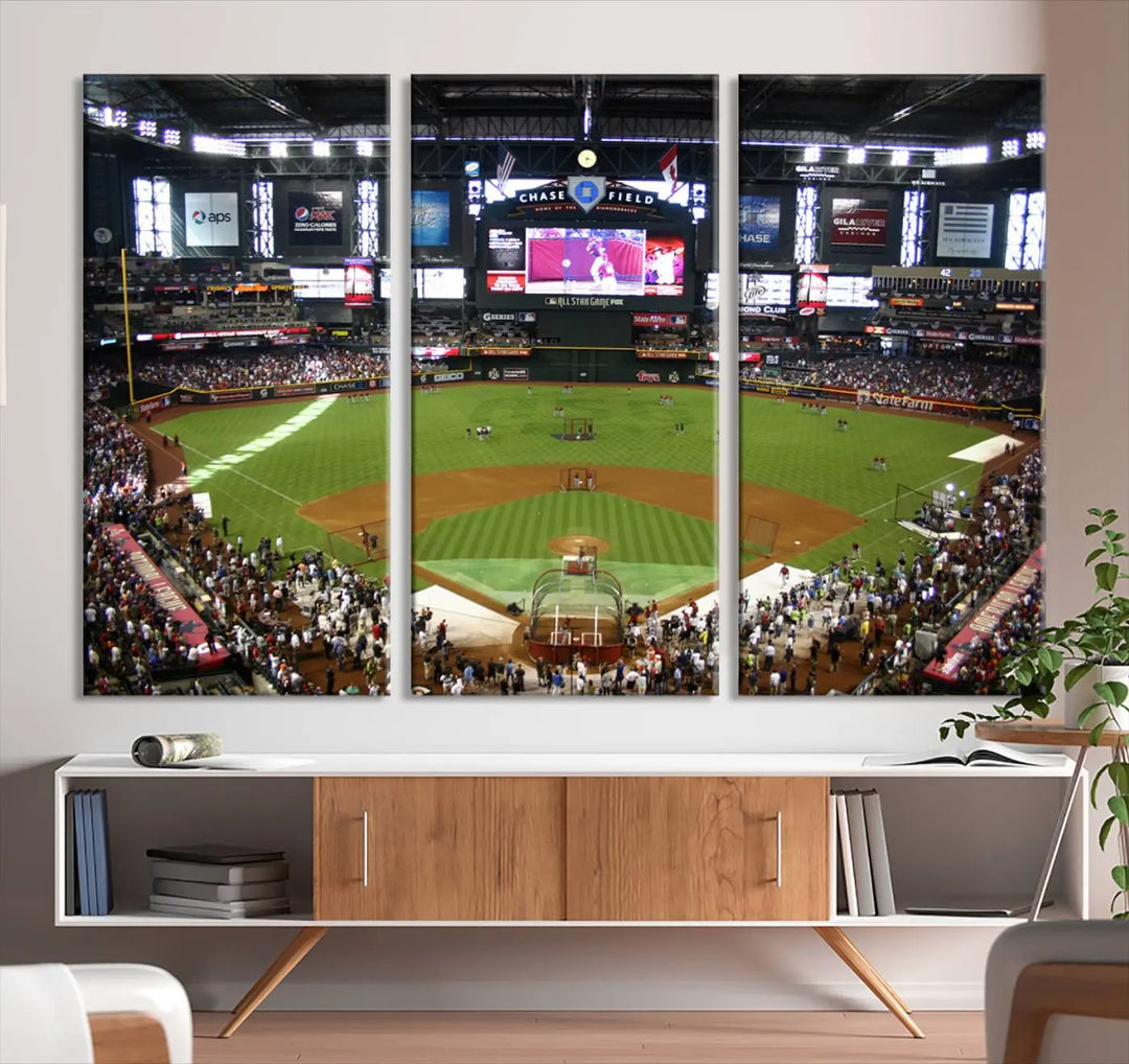 A large wall art triptych featuring the "Arizona Diamondbacks Baseball Team Print - Phoenix Chase Field Baseball Stadium Wall Art Canvas Print" is crafted on museum-quality canvas for an elegant touch.