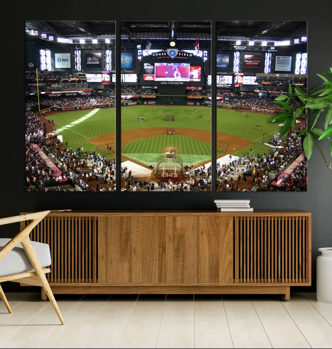 A large wall art triptych featuring the "Arizona Diamondbacks Baseball Team Print - Phoenix Chase Field Baseball Stadium Wall Art Canvas Print" is crafted on museum-quality canvas for an elegant touch.