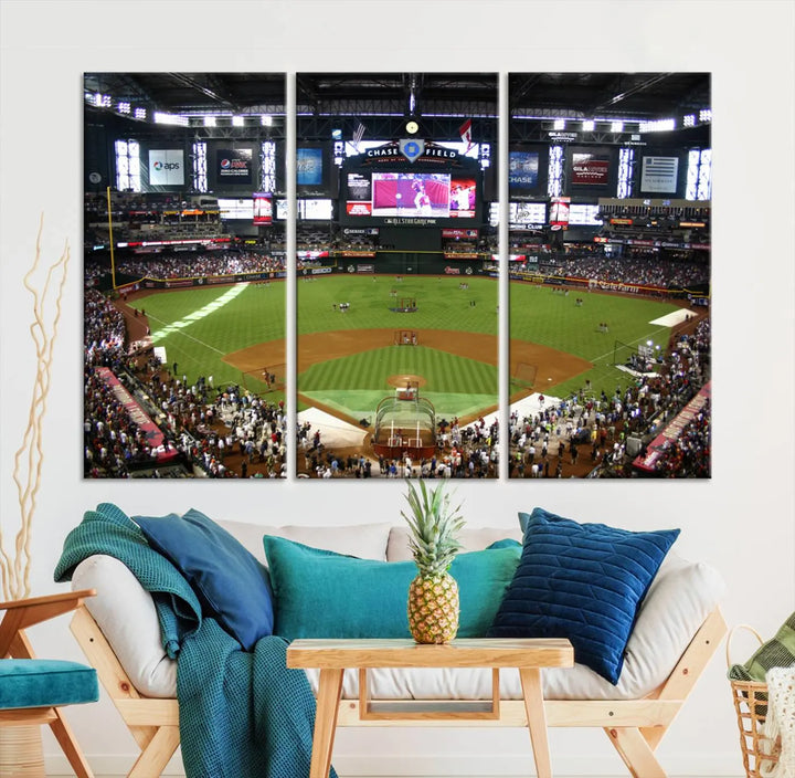 A large wall art triptych featuring the "Arizona Diamondbacks Baseball Team Print - Phoenix Chase Field Baseball Stadium Wall Art Canvas Print" is crafted on museum-quality canvas for an elegant touch.