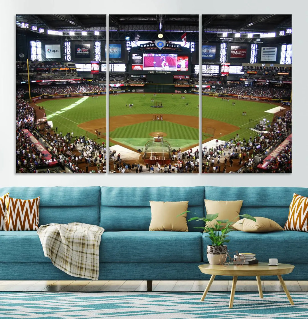 A large wall art triptych featuring the "Arizona Diamondbacks Baseball Team Print - Phoenix Chase Field Baseball Stadium Wall Art Canvas Print" is crafted on museum-quality canvas for an elegant touch.