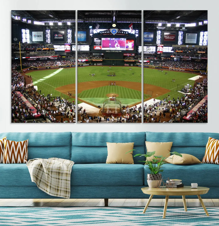 A large wall art triptych featuring the "Arizona Diamondbacks Baseball Team Print - Phoenix Chase Field Baseball Stadium Wall Art Canvas Print" is crafted on museum-quality canvas for an elegant touch.