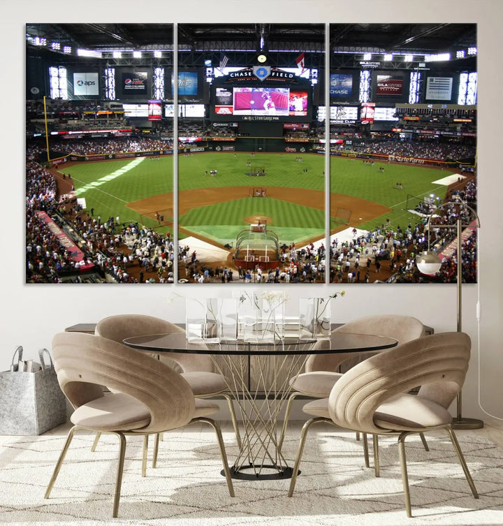 A large wall art triptych featuring the "Arizona Diamondbacks Baseball Team Print - Phoenix Chase Field Baseball Stadium Wall Art Canvas Print" is crafted on museum-quality canvas for an elegant touch.