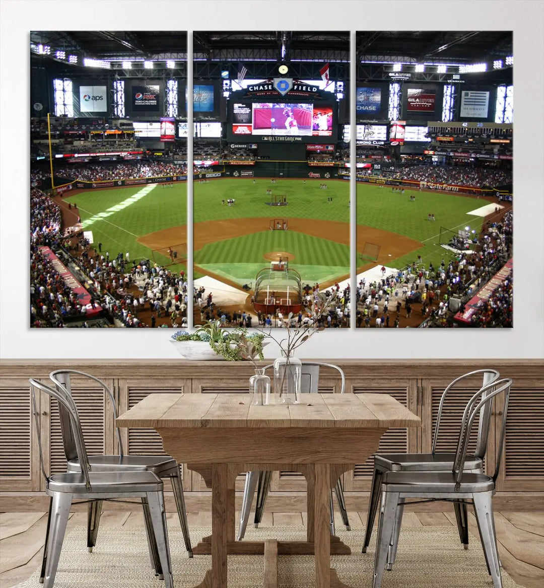 A large wall art triptych featuring the "Arizona Diamondbacks Baseball Team Print - Phoenix Chase Field Baseball Stadium Wall Art Canvas Print" is crafted on museum-quality canvas for an elegant touch.