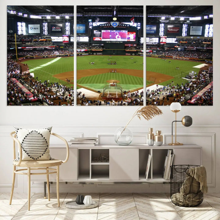 A large wall art triptych featuring the "Arizona Diamondbacks Baseball Team Print - Phoenix Chase Field Baseball Stadium Wall Art Canvas Print" is crafted on museum-quality canvas for an elegant touch.