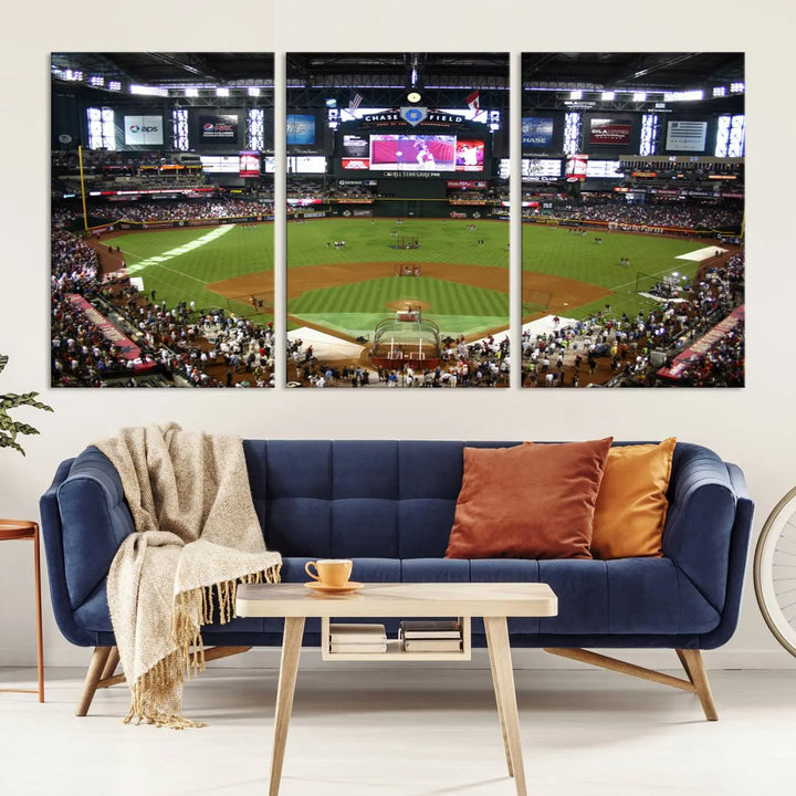 A large wall art triptych featuring the "Arizona Diamondbacks Baseball Team Print - Phoenix Chase Field Baseball Stadium Wall Art Canvas Print" is crafted on museum-quality canvas for an elegant touch.