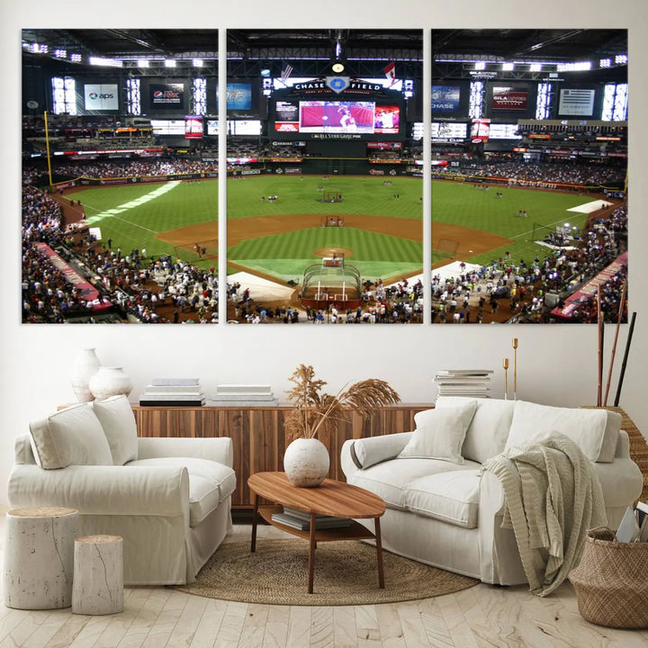 A large wall art triptych featuring the "Arizona Diamondbacks Baseball Team Print - Phoenix Chase Field Baseball Stadium Wall Art Canvas Print" is crafted on museum-quality canvas for an elegant touch.