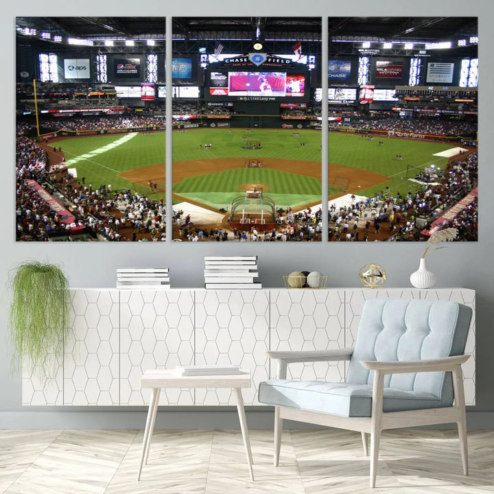 A large wall art triptych featuring the "Arizona Diamondbacks Baseball Team Print - Phoenix Chase Field Baseball Stadium Wall Art Canvas Print" is crafted on museum-quality canvas for an elegant touch.