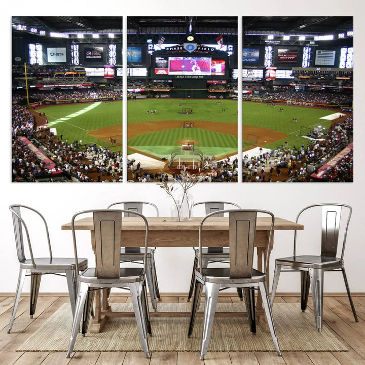 A large wall art triptych featuring the "Arizona Diamondbacks Baseball Team Print - Phoenix Chase Field Baseball Stadium Wall Art Canvas Print" is crafted on museum-quality canvas for an elegant touch.