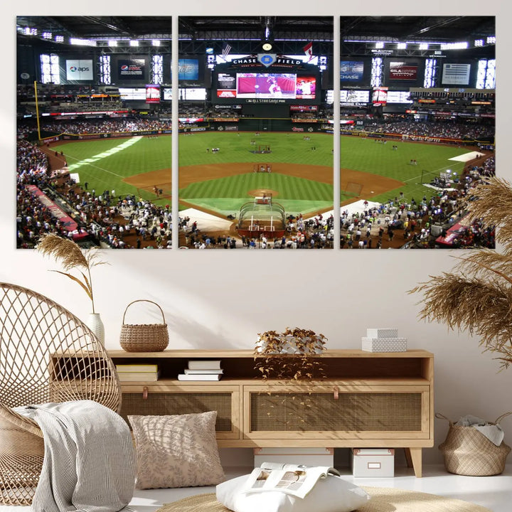 A large wall art triptych featuring the "Arizona Diamondbacks Baseball Team Print - Phoenix Chase Field Baseball Stadium Wall Art Canvas Print" is crafted on museum-quality canvas for an elegant touch.