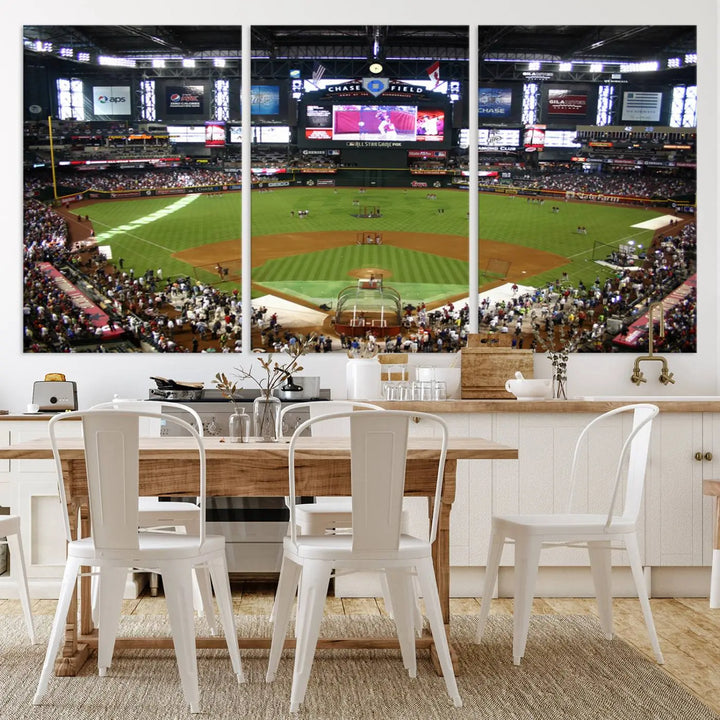 A large wall art triptych featuring the "Arizona Diamondbacks Baseball Team Print - Phoenix Chase Field Baseball Stadium Wall Art Canvas Print" is crafted on museum-quality canvas for an elegant touch.