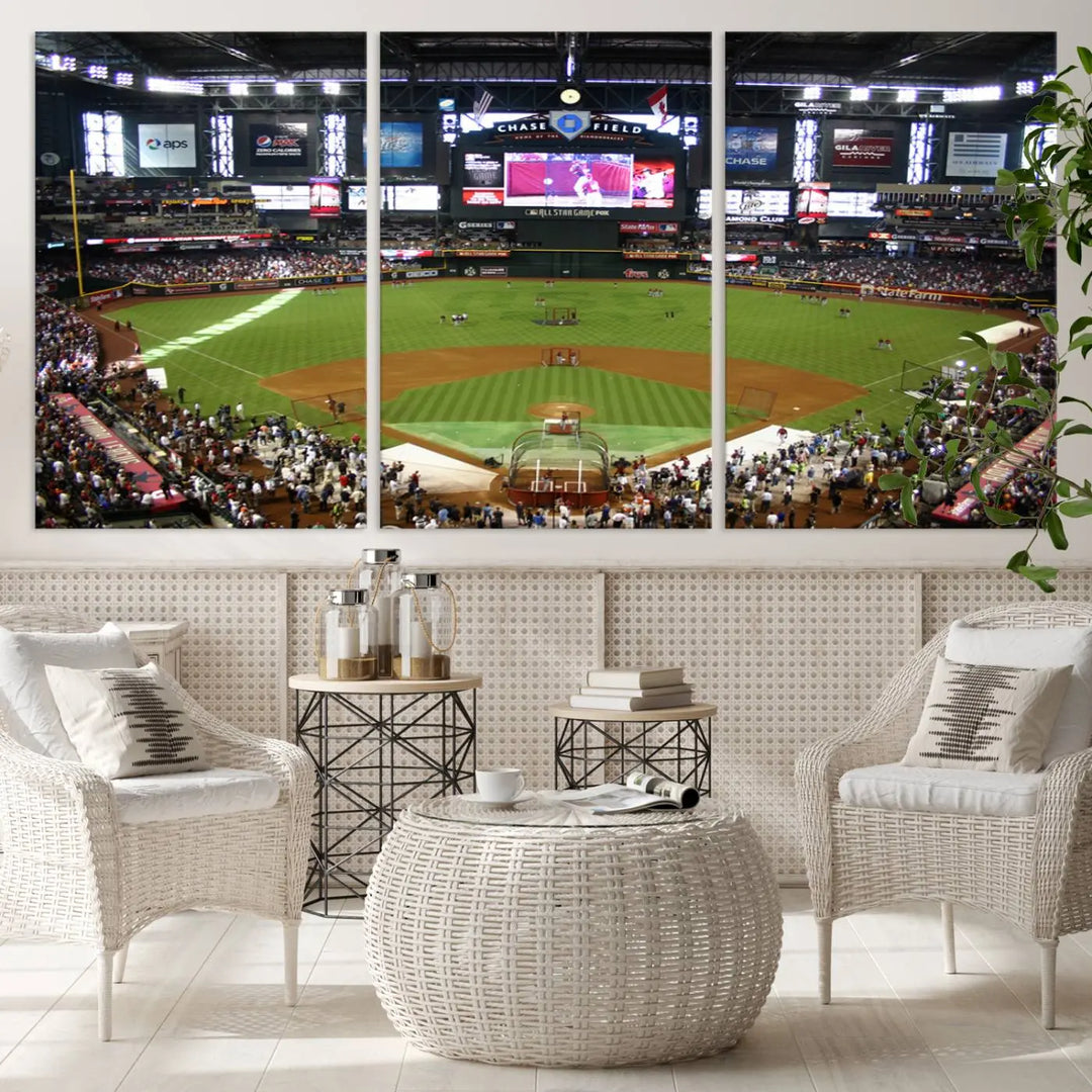 A large wall art triptych featuring the "Arizona Diamondbacks Baseball Team Print - Phoenix Chase Field Baseball Stadium Wall Art Canvas Print" is crafted on museum-quality canvas for an elegant touch.