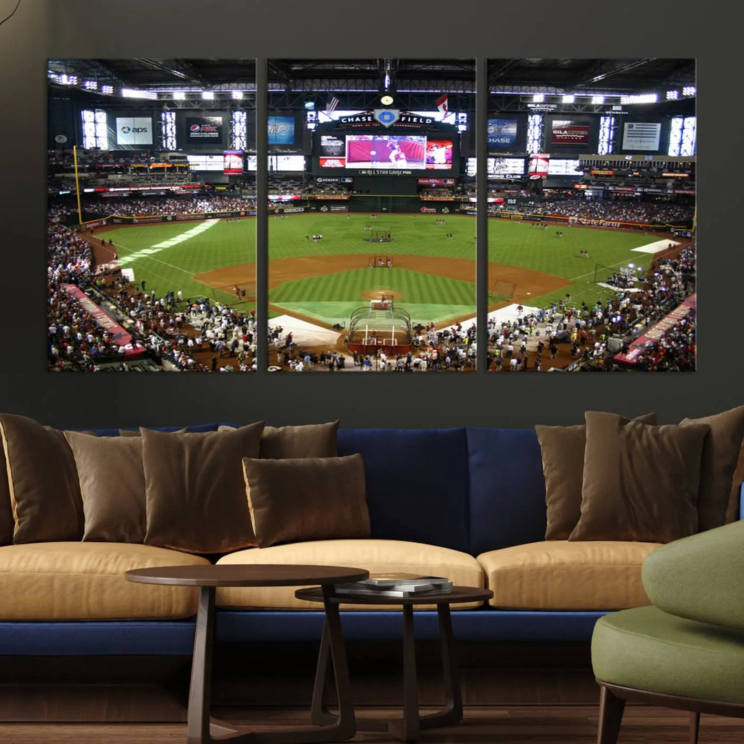 A large wall art triptych featuring the "Arizona Diamondbacks Baseball Team Print - Phoenix Chase Field Baseball Stadium Wall Art Canvas Print" is crafted on museum-quality canvas for an elegant touch.