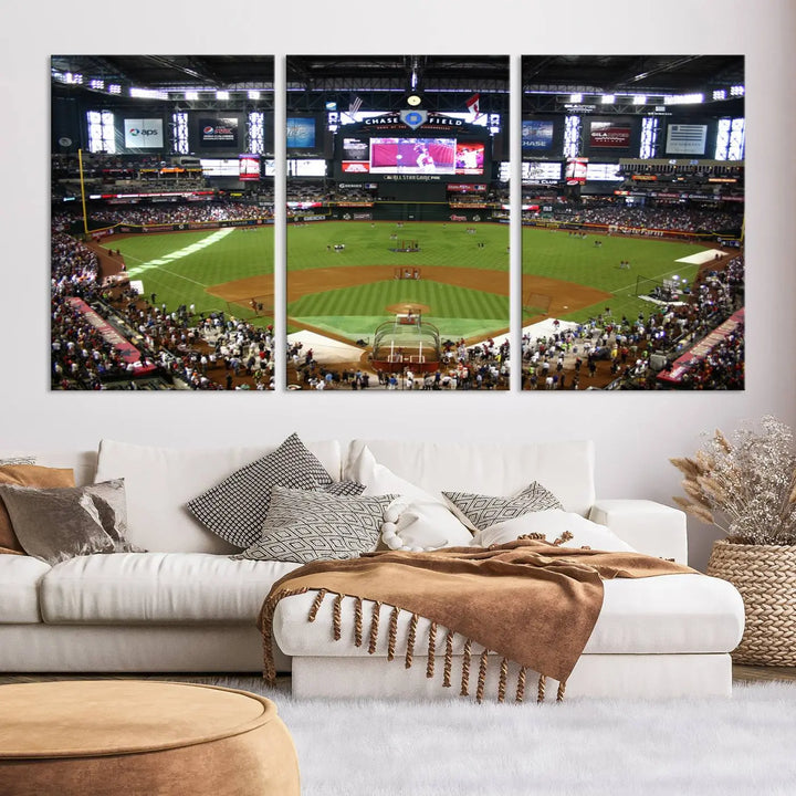 A large wall art triptych featuring the "Arizona Diamondbacks Baseball Team Print - Phoenix Chase Field Baseball Stadium Wall Art Canvas Print" is crafted on museum-quality canvas for an elegant touch.