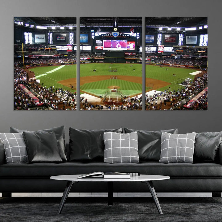 A large wall art triptych featuring the "Arizona Diamondbacks Baseball Team Print - Phoenix Chase Field Baseball Stadium Wall Art Canvas Print" is crafted on museum-quality canvas for an elegant touch.