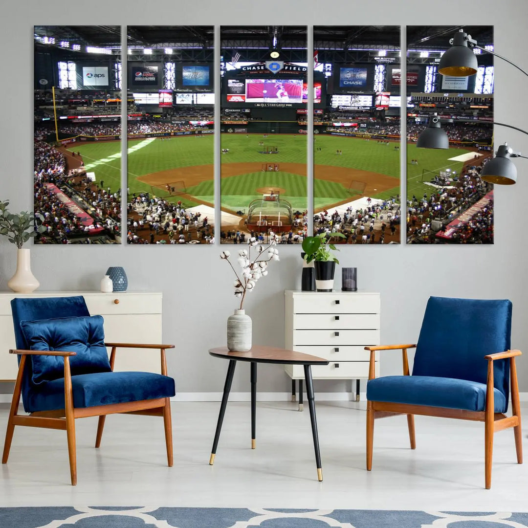 A large wall art triptych featuring the "Arizona Diamondbacks Baseball Team Print - Phoenix Chase Field Baseball Stadium Wall Art Canvas Print" is crafted on museum-quality canvas for an elegant touch.