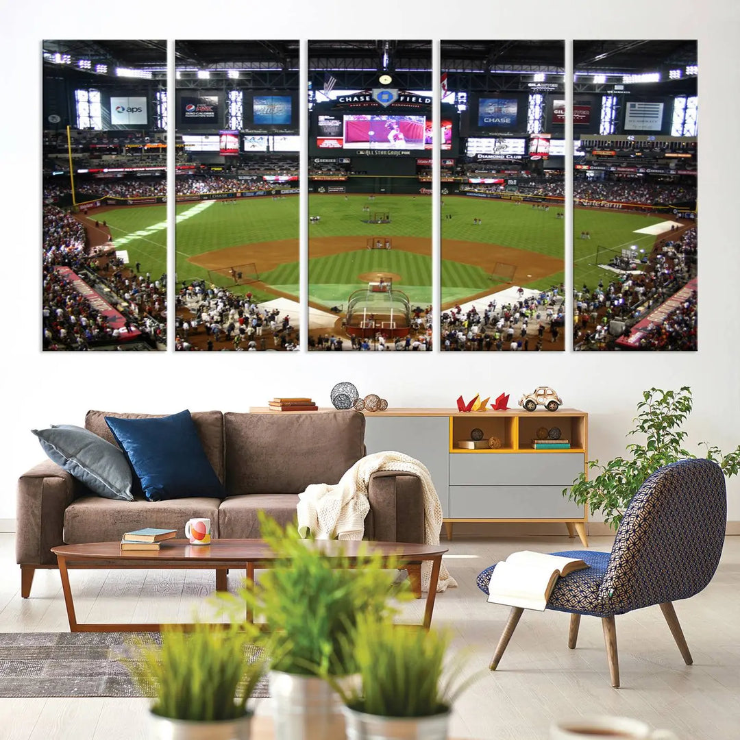 A large wall art triptych featuring the "Arizona Diamondbacks Baseball Team Print - Phoenix Chase Field Baseball Stadium Wall Art Canvas Print" is crafted on museum-quality canvas for an elegant touch.