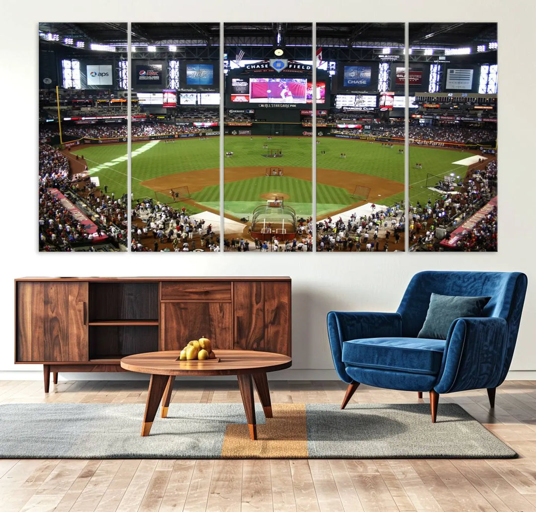 A large wall art triptych featuring the "Arizona Diamondbacks Baseball Team Print - Phoenix Chase Field Baseball Stadium Wall Art Canvas Print" is crafted on museum-quality canvas for an elegant touch.